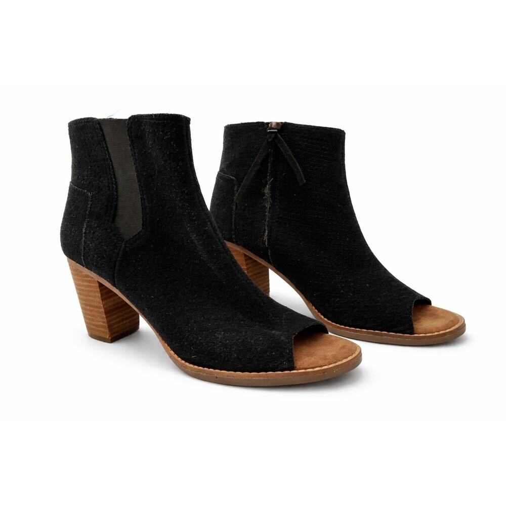 TOMS Majorca Ankle Booties Women 8W Black Suede Open Toe Block Heel